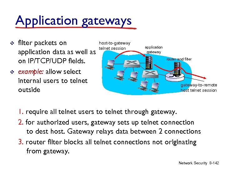 Application gateways v v filter packets on application data as well as on IP/TCP/UDP