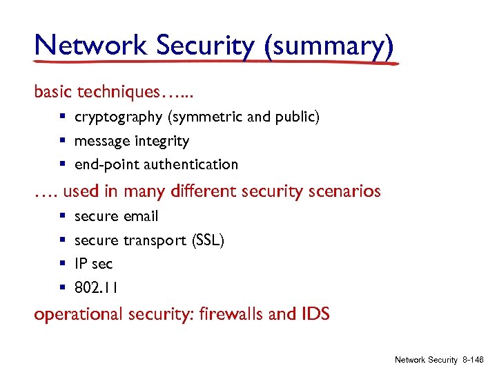 Network Security (summary) basic techniques…. . . § cryptography (symmetric and public) § message