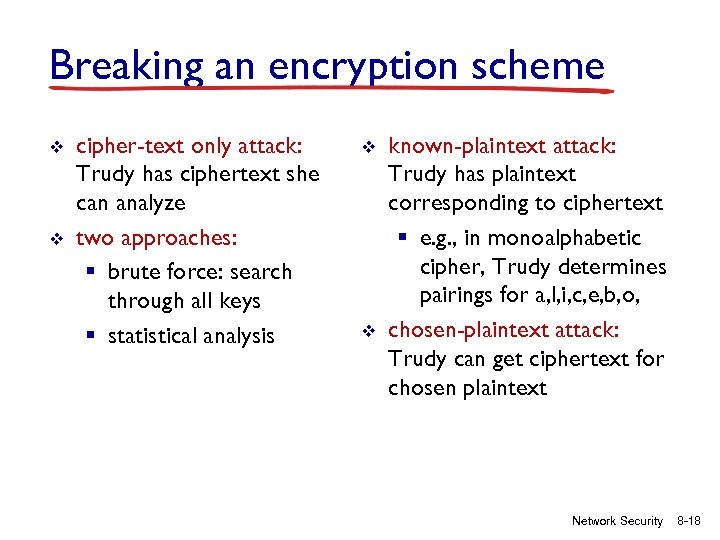 Breaking an encryption scheme v v cipher-text only attack: Trudy has ciphertext she can