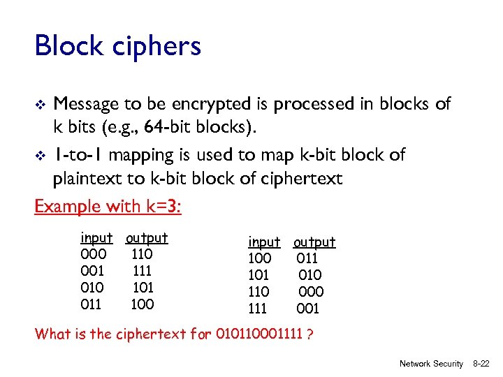 Block ciphers Message to be encrypted is processed in blocks of k bits (e.