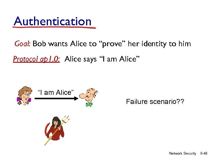 Authentication Goal: Bob wants Alice to “prove” her identity to him Protocol ap 1.
