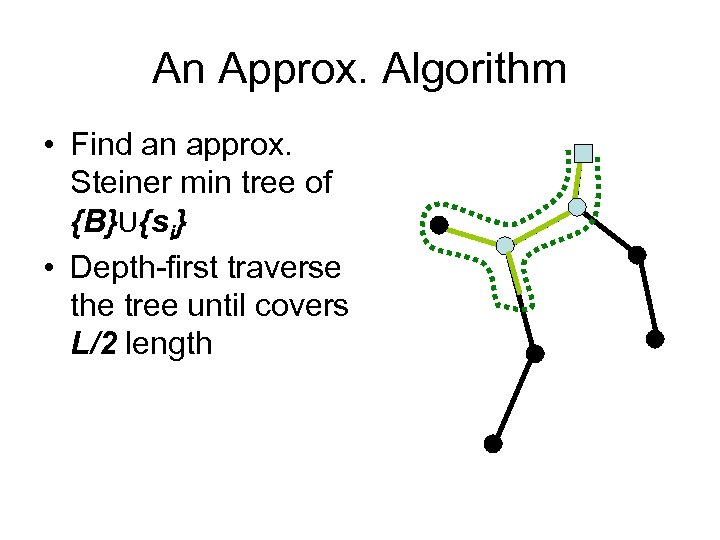 An Approx. Algorithm • Find an approx. Steiner min tree of {B}U{si} • Depth-first