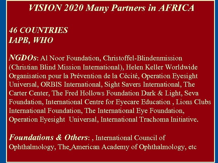 VISION 2020 Many Partners in AFRICA International Council of Ophthalmology 46 COUNTRIES IAPB, WHO