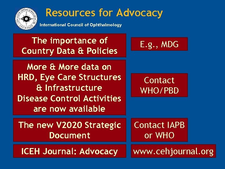 Resources for Advocacy International Council of Ophthalmology The importance of Country Data & Policies