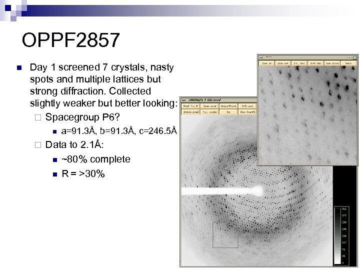 OPPF 2857 n Day 1 screened 7 crystals, nasty spots and multiple lattices but