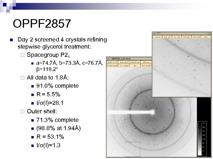 OPPF 2857 n Day 2 screened 4 crystals refining stepwise glycerol treatment: ¨ Spacegroup