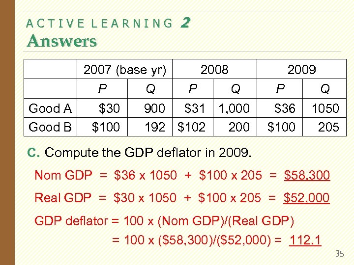 ACTIVE LEARNING Answers 2 2007 (base yr) P Good A Good B Q $30