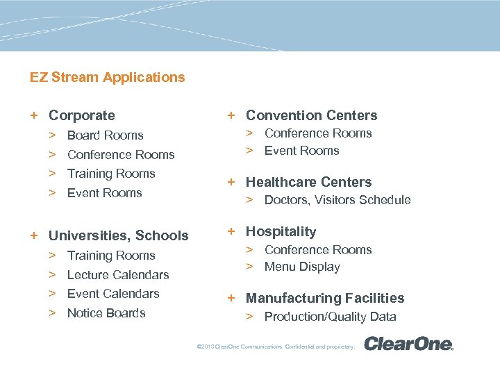 EZ Stream Applications + Corporate > > Board Rooms Conference Rooms Training Rooms Event
