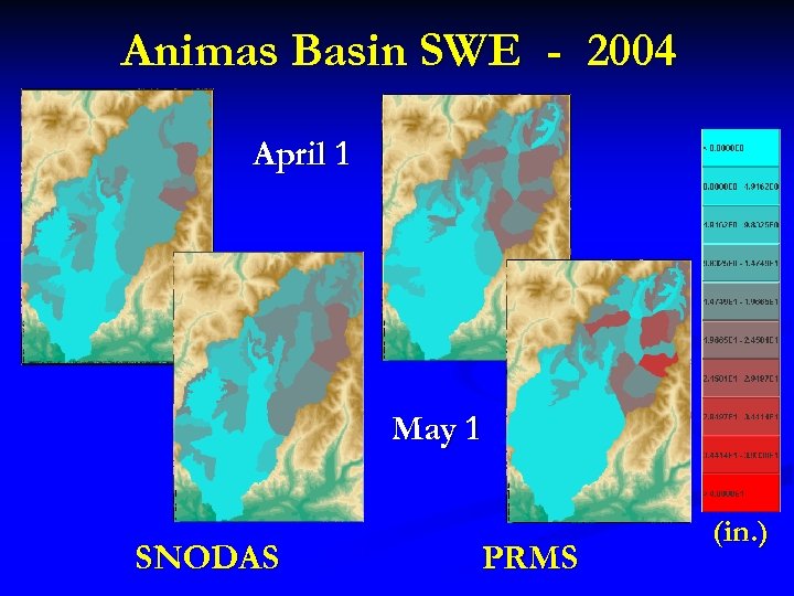 Animas Basin SWE - 2004 April 1 May 1 SNODAS PRMS (in. ) 