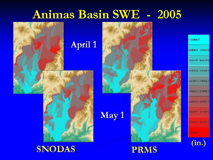 Animas Basin SWE - 2005 April 1 May 1 SNODAS PRMS (in. ) 