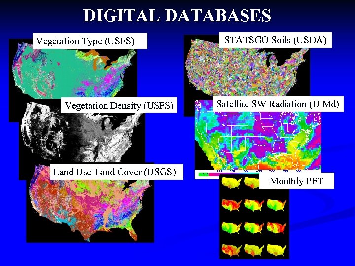 DIGITAL DATABASES Vegetation Type (USFS) Vegetation Density (USFS) Land Use-Land Cover (USGS) STATSGO Soils
