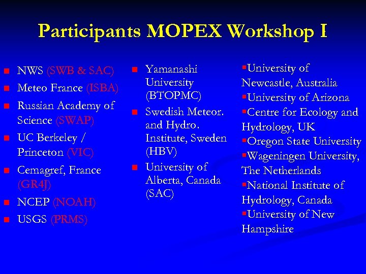 Participants MOPEX Workshop I n n n n NWS (SWB & SAC) Meteo France