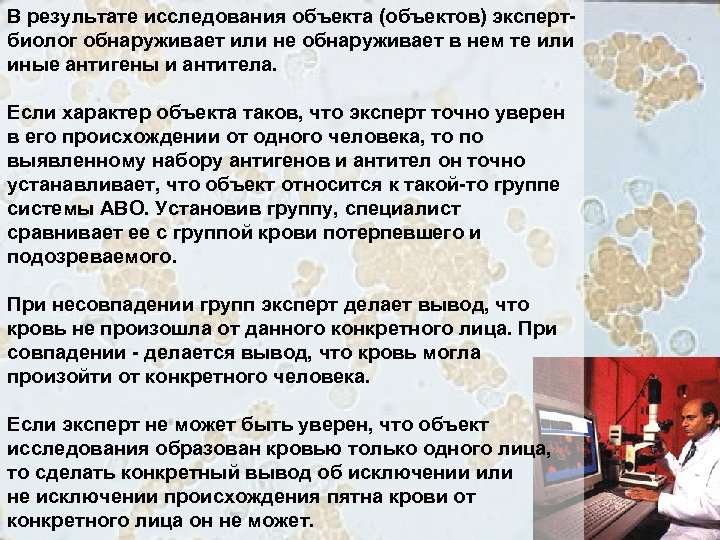 В результате исследования объекта (объектов) экспертбиолог обнаруживает или не обнаруживает в нем те или