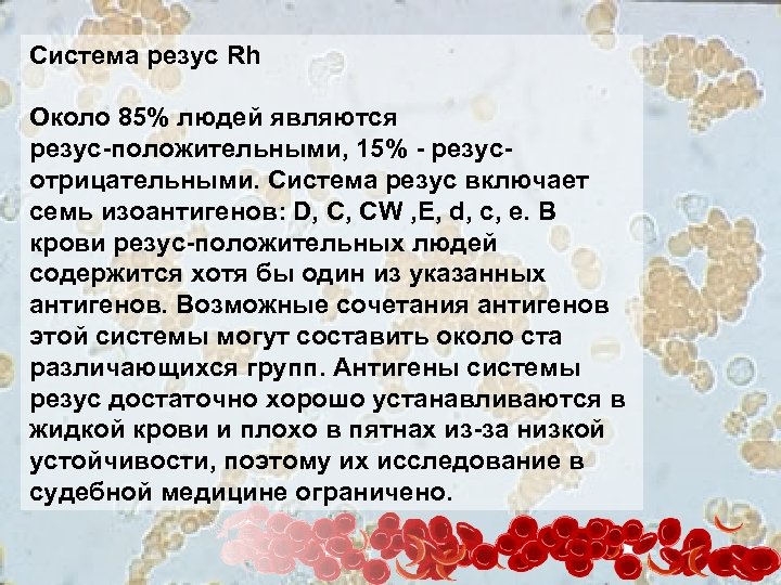 Система резус Rh Около 85% людей являются резус-положительными, 15% - резусотрицательными. Система резус включает