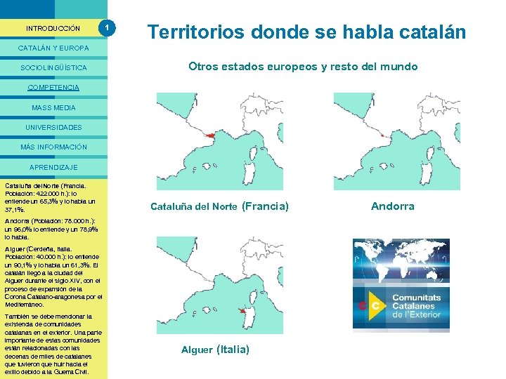 PRESENTACIÓ INTRODUCCIÓN 1 Territorios donde se habla catalán CATALÁN Y EUROPA SOCIOLINGÜÍSTICA Otros estados
