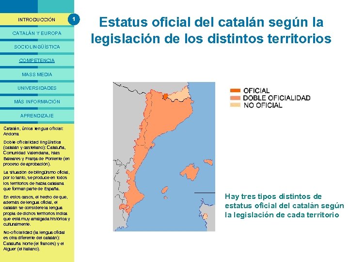 PRESENTACIÓ INTRODUCCIÓN CATALÁN Y EUROPA SOCIOLINGÜÍSTICA 1 Estatus oficial del catalán según la legislación
