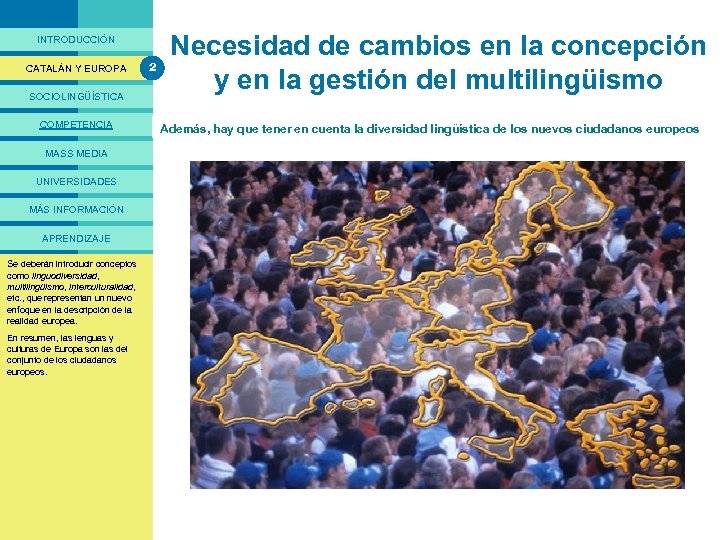 PRESENTACIÓ INTRODUCCIÓN CATALÁN Y EUROPA SOCIOLINGÜÍSTICA COMPETENCIA 2 Necesidad de cambios en la concepción