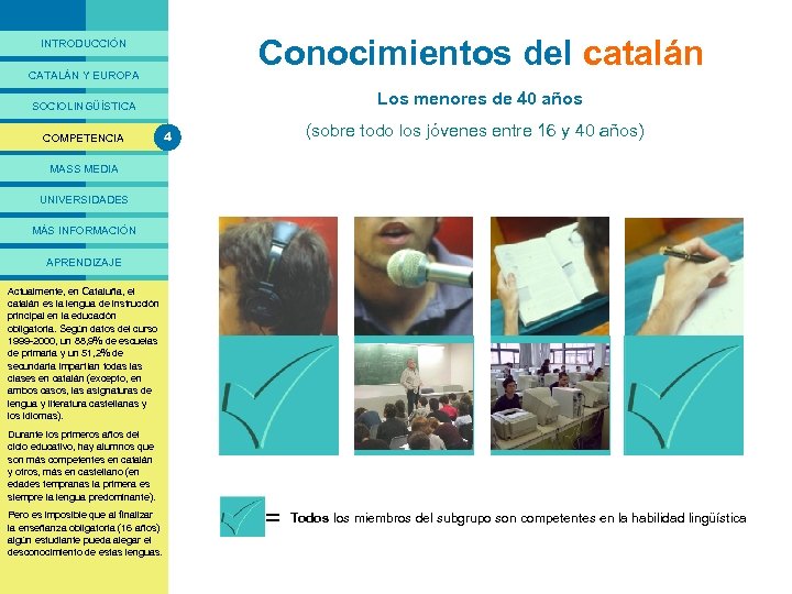 PRESENTACIÓ Conocimientos del catalán INTRODUCCIÓN CATALÁN Y EUROPA Los menores de 40 años SOCIOLINGÜÍSTICA