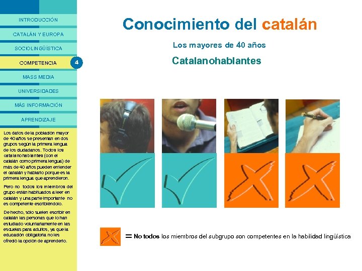 PRESENTACIÓ Conocimiento del catalán INTRODUCCIÓN CATALÁN Y EUROPA Los mayores de 40 años SOCIOLINGÜÍSTICA