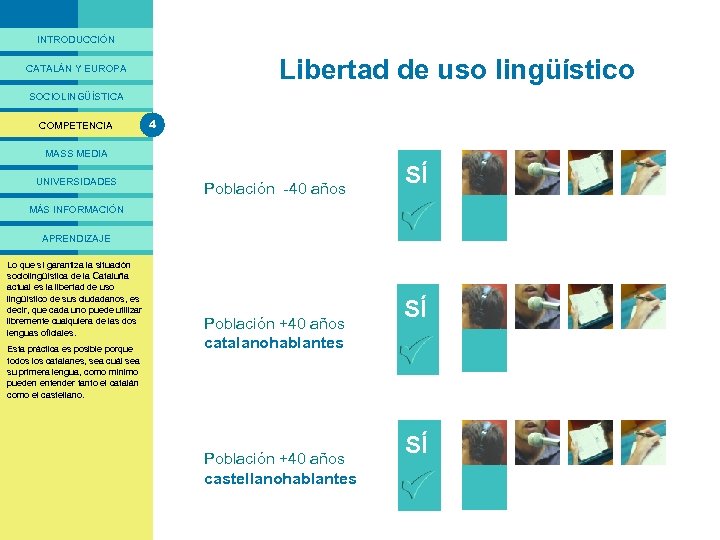 PRESENTACIÓ INTRODUCCIÓN Libertad de uso lingüístico CATALÁN Y EUROPA SOCIOLINGÜÍSTICA COMPETENCIA 4 MASS MEDIA