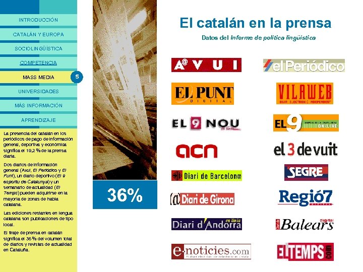 PRESENTACIÓ El catalán en la prensa INTRODUCCIÓN CATALÁN Y EUROPA Datos del Informe de