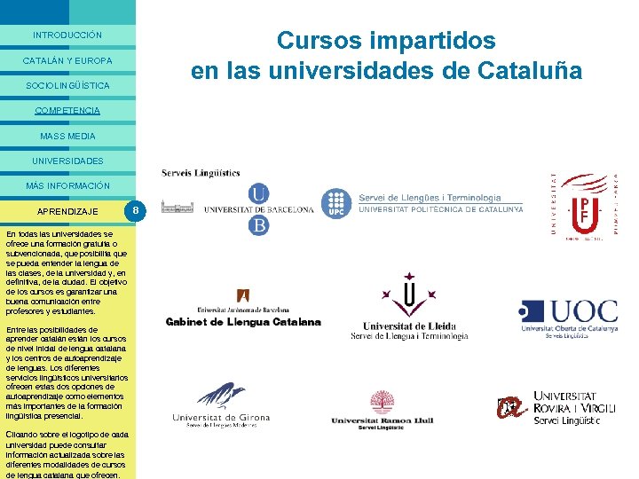 PRESENTACIÓ Cursos impartidos en las universidades de Cataluña INTRODUCCIÓN CATALÁN Y EUROPA SOCIOLINGÜÍSTICA COMPETENCIA