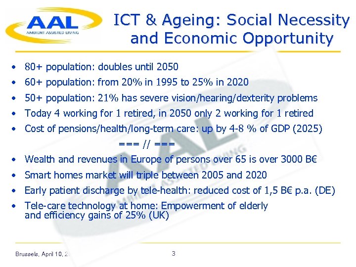 ICT & Ageing: Social Necessity and Economic Opportunity • 80+ population: doubles until 2050