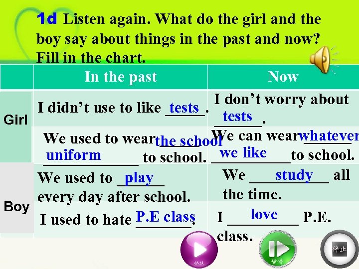 1 d Listen again. What do the girl and the boy say about things