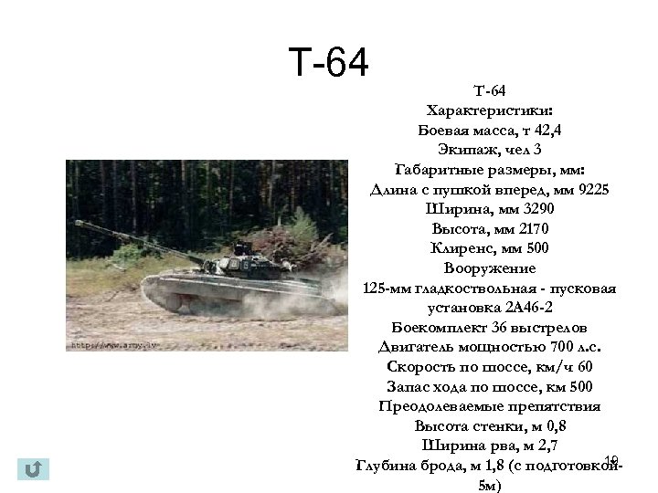 Т-64 Характеристики: Боевая масса, т 42, 4 Экипаж, чел 3 Габаритные размеры, мм: Длина