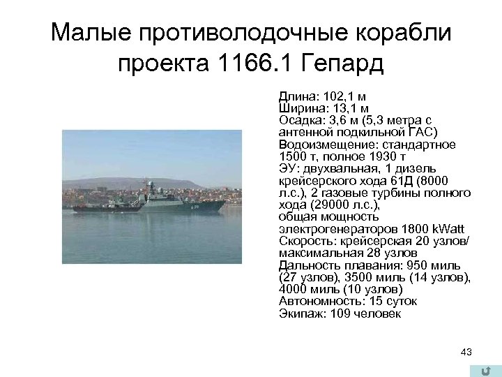 Малые противолодочные корабли проекта 1166. 1 Гепард Длина: 102, 1 м Ширина: 13, 1