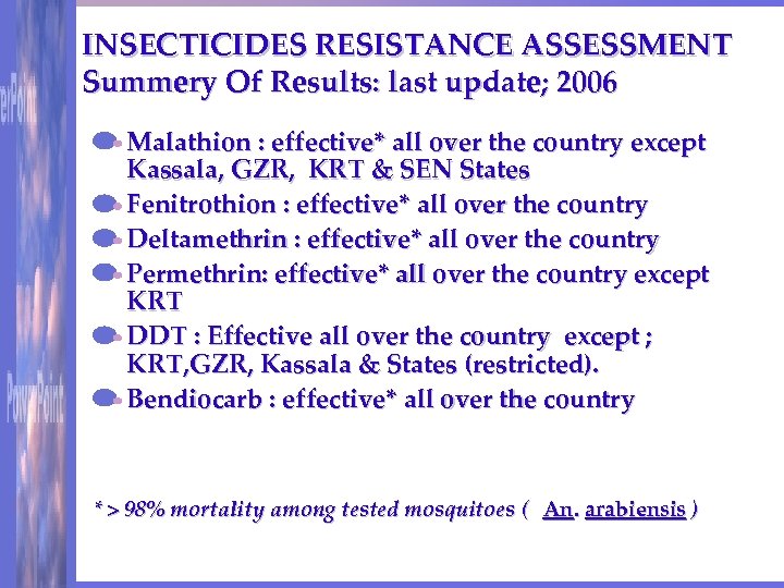 INSECTICIDES RESISTANCE ASSESSMENT Summery Of Results: last update; 2006 Malathion : effective* all over