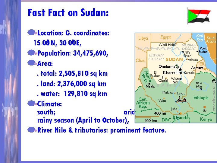 Fast Fact on Sudan: Location: G. coordinates: 0 0 15 00 N, 30 00