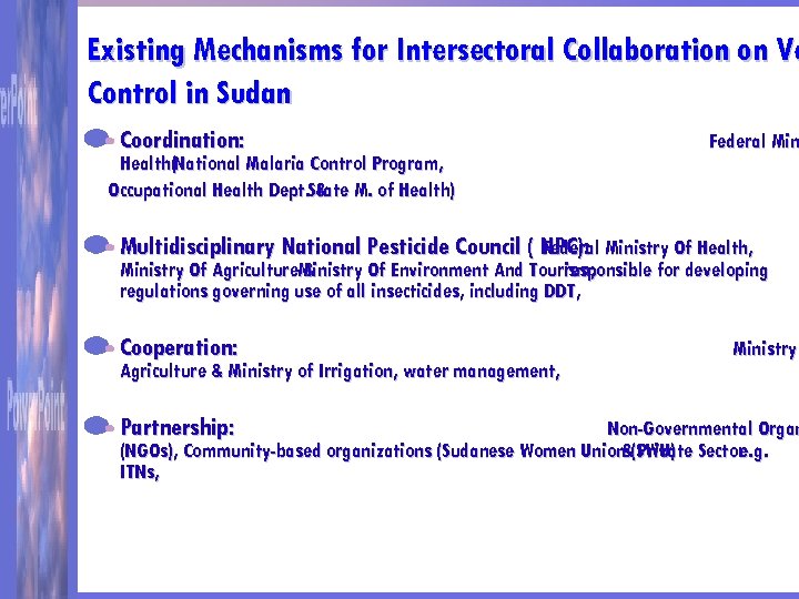 Existing Mechanisms for Intersectoral Collaboration on Ve Control in Sudan Coordination: Health(National Malaria Control