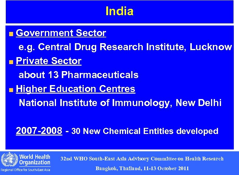 India Government Sector e. g. Central Drug Research Institute, Lucknow Private Sector about 13