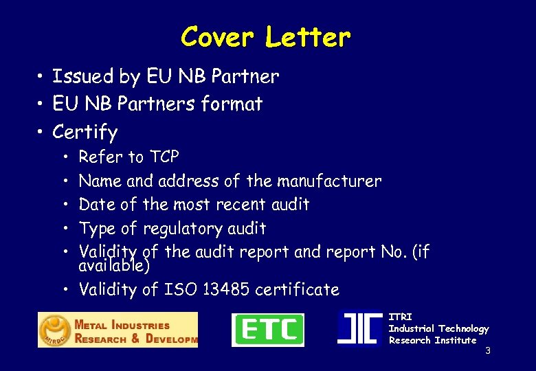 Cover Letter • Issued by EU NB Partner • EU NB Partners format •