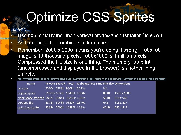 Optimize CSS Sprites • Use horizontal rather than vertical organization (smaller file size. )