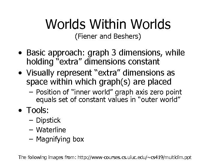 Worlds Within Worlds (Fiener and Beshers) • Basic approach: graph 3 dimensions, while holding