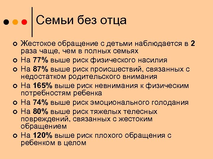 Семьи без отца ¢ ¢ ¢ ¢ Жестокое обращение с детьми наблюдается в 2