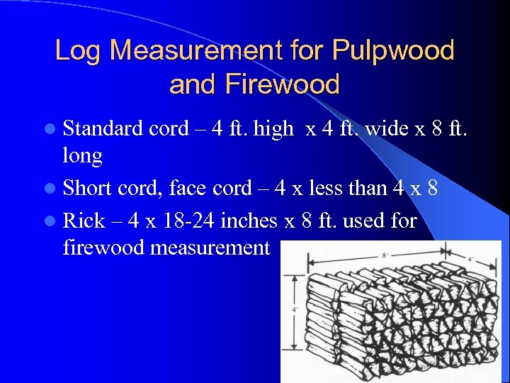 Log Measurement for Pulpwood and Firewood l Standard cord – 4 ft. high x