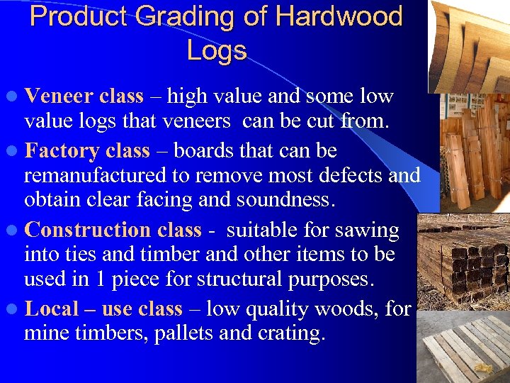 Product Grading of Hardwood Logs l Veneer class – high value and some low