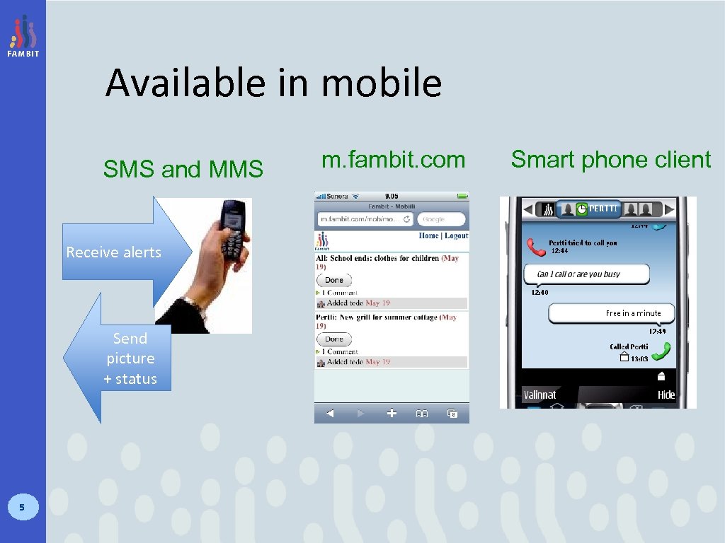 Available in mobile SMS and MMS Receive alerts Send picture + status 5 m.