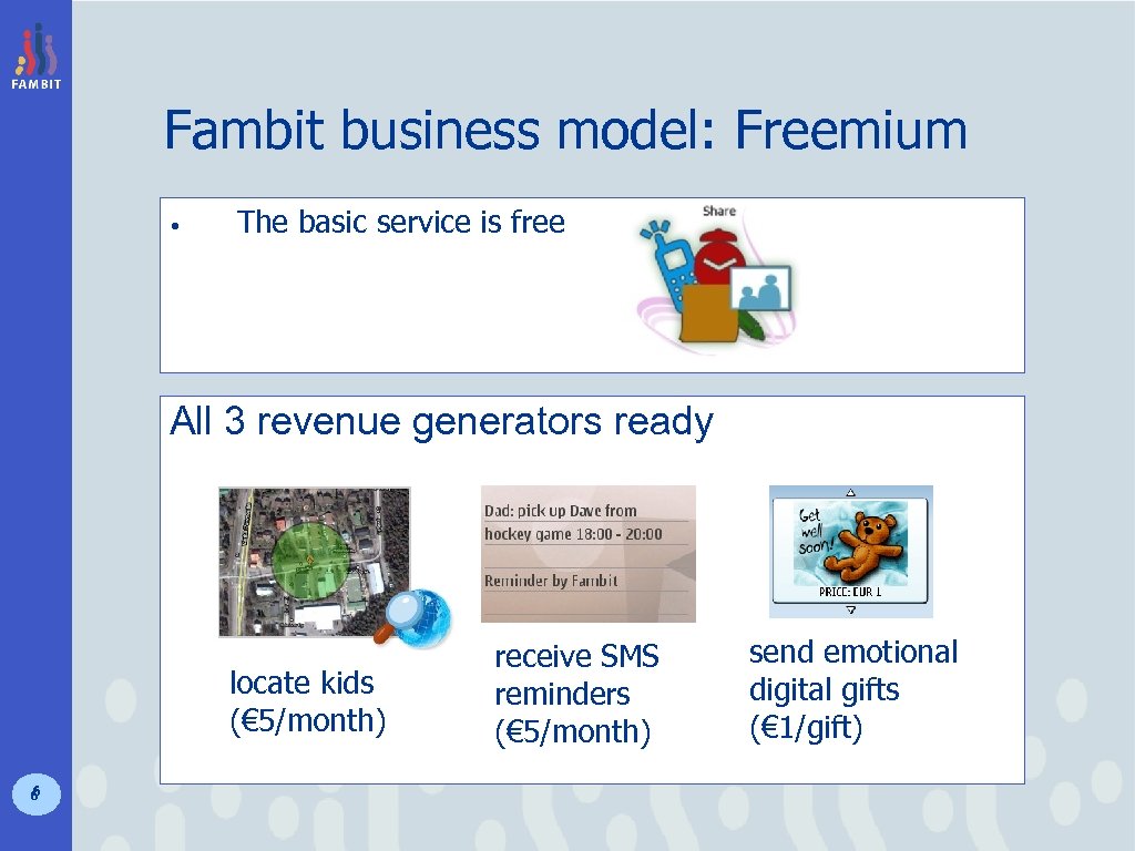 Fambit business model: Freemium • The basic service is free All 3 revenue generators
