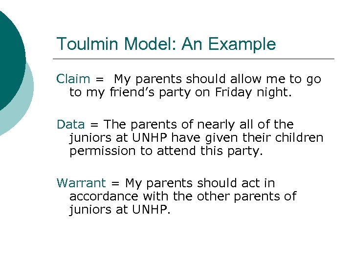 Toulmin Model: An Example Claim = My parents should allow me to go to