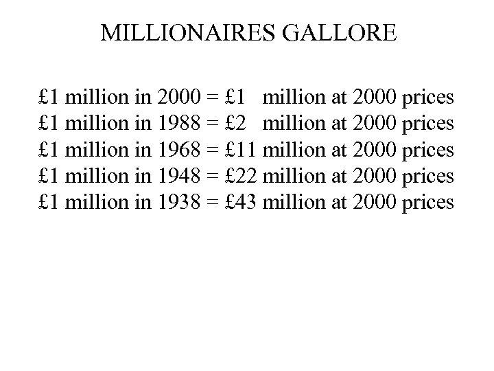 MILLIONAIRES GALLORE £ 1 million in 2000 = £ 1 million at 2000 prices