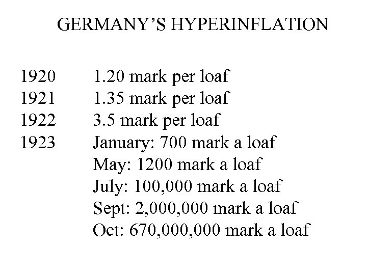 GERMANY’S HYPERINFLATION 1920 1921 1922 1923 1. 20 mark per loaf 1. 35 mark