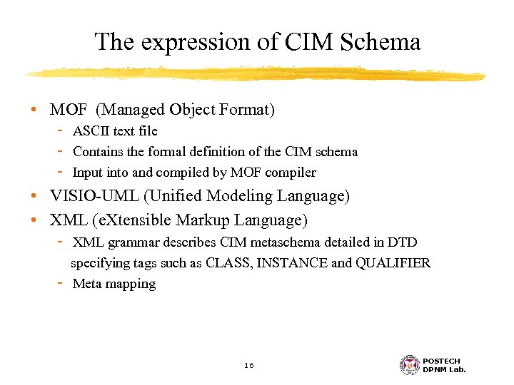 The expression of CIM Schema • MOF (Managed Object Format) - ASCII text file
