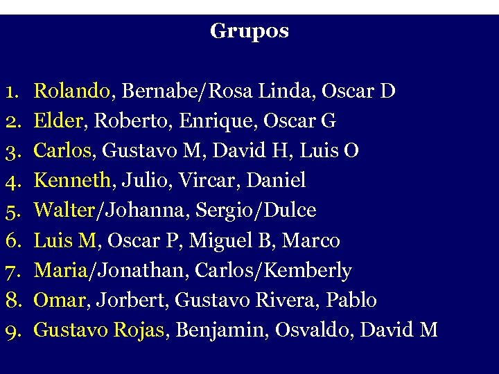 Grupos - 1. 2. 3. 4. 5. 6. 7. 8. 9. Rolando, Bernabe/Rosa Linda,
