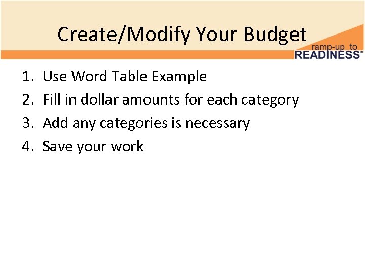 Create/Modify Your Budget 1. 2. 3. 4. Use Word Table Example Fill in dollar