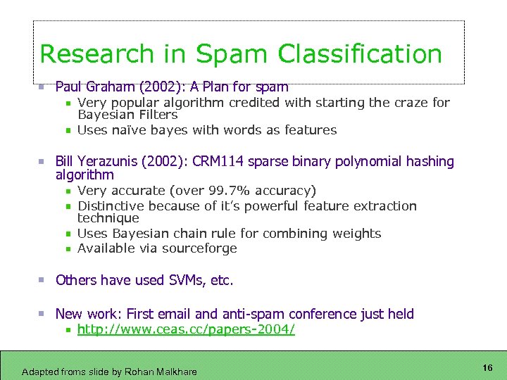 Research in Spam Classification Paul Graham (2002): A Plan for spam Very popular algorithm