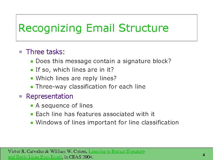 Recognizing Email Structure Three tasks: Does this message contain a signature block? If so,